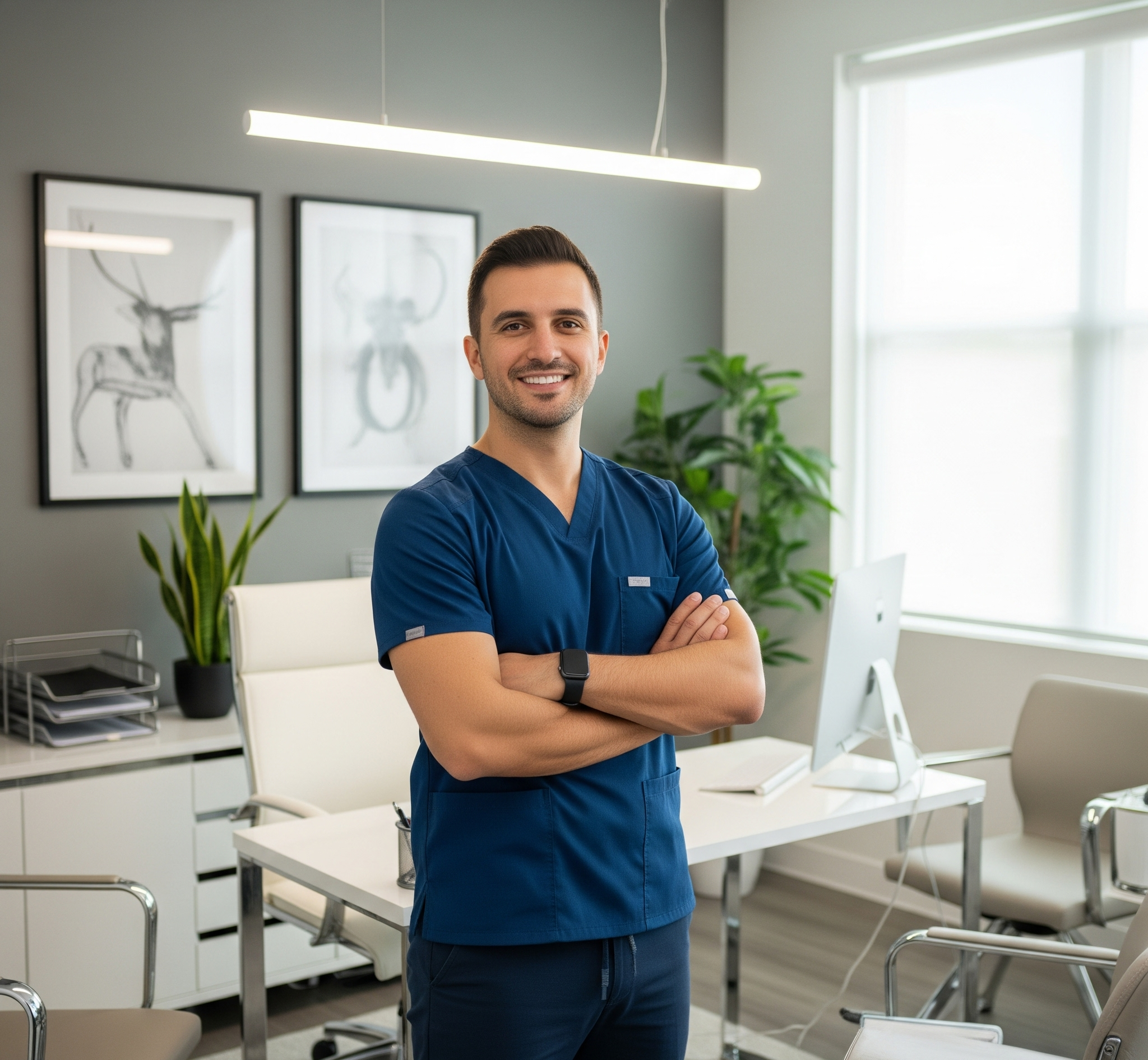 A confident nurse practitioner smiling in his modern office.